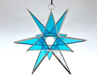 Stained glass Moravian Star decor/ornament - turquoise