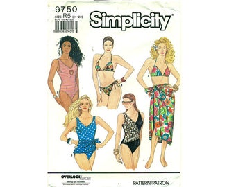 UNCUT Simplicity 9750 Swimsuits, Bikini, Pareo and Sarong Sewing Pattern 5 Sizes Bust 36" to 44" UK 14 to 22