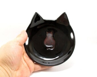 Cat dish, ring bowl, spoon rest, jewelry holder, tea light holder, tea bag rest, ceramic dish, black cat dish, key holder, cat lovers gift