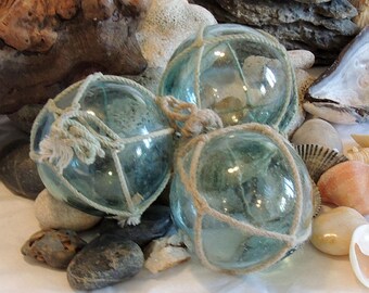 3 Unique Vintage Japanese GLASS FISHING FLOATS.. Marks, Nets, Color Variations & Bubbles (#64)