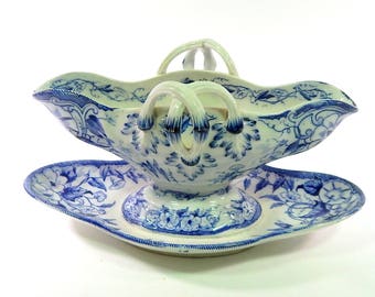Antique French Porcelain Sauce Boat Blue 'Flora' pattern from Creil et Montereau
