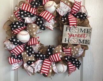 Baseball Wreath Burlap Baseball Wreath Front Door Hanger Front Door Decor Summer Wreath Burlap Baseballs