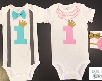Twins First Birthday Bowtie Necklace Bodysuits Gold, Cake smash, Prince, Princess