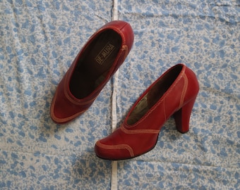 Vintage 1940s Red Leather Pumps - White Contrast Stitch - Classic 40s Style Heels