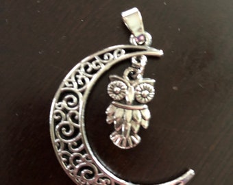 Silver crescent moon with owl pendant ~ amulet ~ talisman ~ charm.