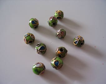 Set of 10 lime green cloisonees 6 mm beads