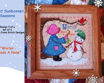 SWEET SUNBONNET SEASONS-design 4 of a set of 4 - "Winter - Needs A Nose" cross stitch chart graph pattern