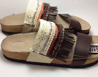 Platform Sandals, Bohemian Sandals, Wedge Sandals, Brown Sandals, Beaded Sandals, Boho Sandals, Handmade Sandals, Womens Sandals