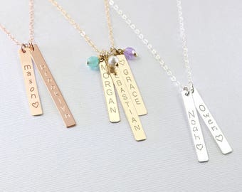 Mommy necklace, Kids names necklace, Personalized vertical bar necklace, Mothers day gift, Baby name necklace in Gold Rose gold and silver