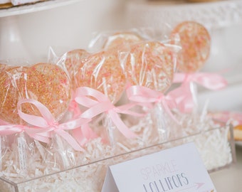 Featured on Hostess with The Mostess: Pink and Gold Sparkle Lollipops, Princess Party, Pink and Gold, Sweet Caroline Confections-6/Set