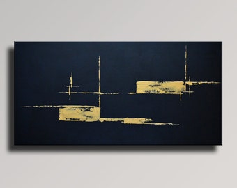 ABSTRACT PAINTING Black Gold Painting Original Canvas Art Contemporary Abstract Modern Art 48x24 Wall Art decor #10B