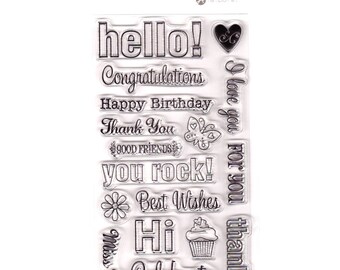 Ki Memories HELLO SENTIMENTS You Rock clear silicone stamp set by Hampton Art cupcake birthday congratulations thank you - CS106