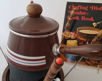 Vintage Enamel Fondue Pot Never Used w/ Book