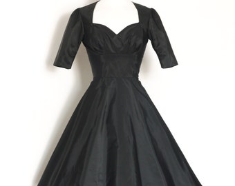 UK Size 10 Black Taffeta Cupid's Bow Evening Dress - Made by Dig For Victory