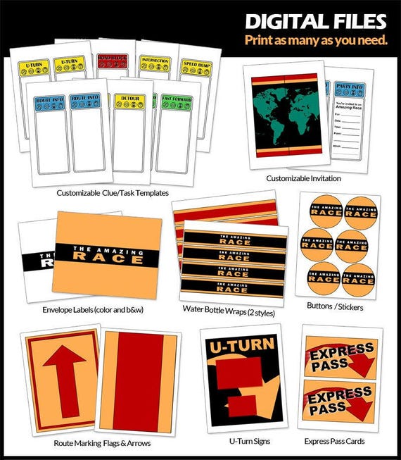 amazing race party printables digital customizable clue