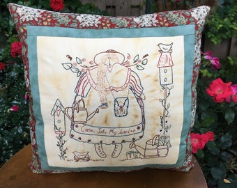 Embroidered Garden Angel Pillow - Hand Embroidered - Garden Room Accent - Farmhouse Decor - Country Room Display - Decorative Pillow