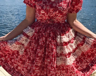 Vintage Square Dance Western Red and White Cowgirl Dress With Full Skirt and Lace Costume Dress Party Dress