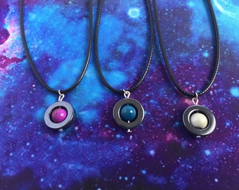 Planet Fidget Necklace / Spinning Saturn, Neptune, & Jupiter Fidget Pendants / Stim Planet Necklace / Hematite Disc