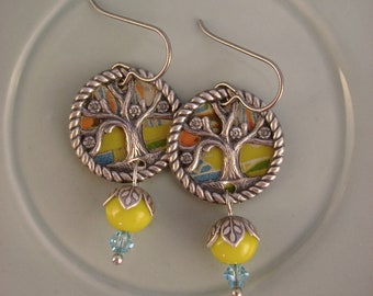 Tree of Life - Vintage Hand Cut Recycled Tin Yellow and Blue Tree of Life Charms Repurposed Upcycled Jewelry Earrings 10th Anniversary Gift