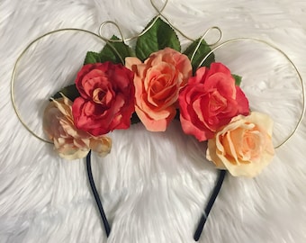 Peach and gold floral wire Minnie Mouse Ears