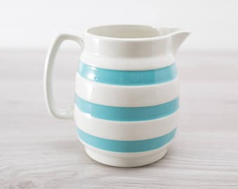 Vintage Striped Pitcher - Blue and White Carrigaline Pottery Milk Pitcher - Colleen Kitchenware, Cork Ireland, Irish Pottery