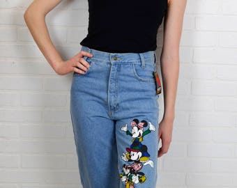 Mom Jeans High Waist Pants Disney Jeans Womens Vintage Tapered Leg Jeans Novelty Mickey Mouse Jeans Minnie Faded Jeans 28x31 FREE SHIPPING