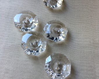 5 Buttons Clear in Faux Glass for Garments, Costumes, Knitting, Crocheting, Jewelry Design, Millinery