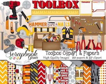 TOOLBOX Clipart and Papers Kit, 37 png Clip Arts, 20 jpeg Papers Instant Download hammer wrench screwdriver tools drill ruler tape measure