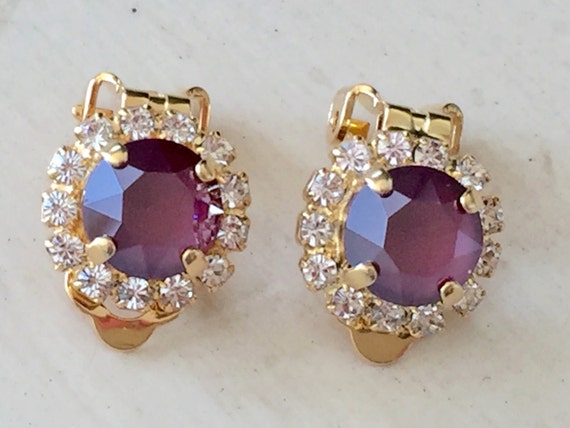 Swarovski Dark Red Lacquer & Clear Crystal Halo Clip On Earrings, Yellow Gold