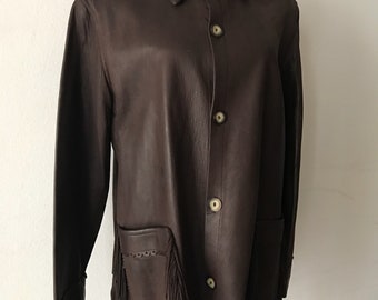 Brown vintage fringe leather jacket women's size medium .