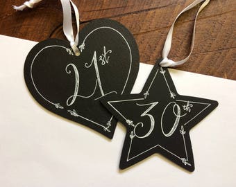 DISCONTINUED SALE - Personalised Birthday Chalkboards - Hanging Decoration - Heart - Star - 16th - 21st - 30th - 40th - Special Birthday