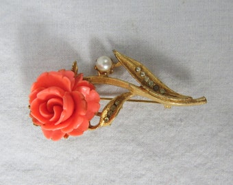 Vintage 1960's BSK Rose and Pearl Costume Jewelry Pin or Brooch