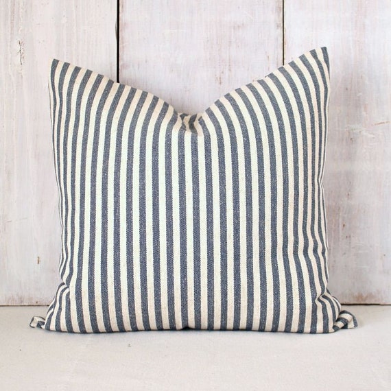 French Farmhouse Throw Pillow Cover Denim Blue Striped