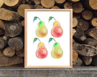 Pear Print, Pears watercolor, Fruits art, Modern Art, Watercolor print, food print, fruit print, watercolor kitchen decor , red pear print