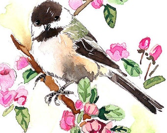 Chicakdee in apple blossom, Gift for bird lovers, Bird art print