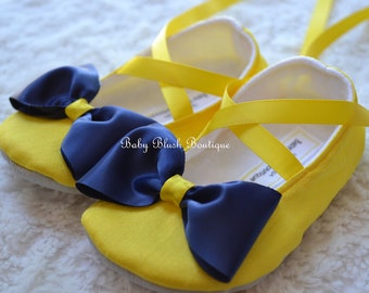 Yellow Dupioni with Navy Blue Bow Baby Shoes Ballerina Slippers