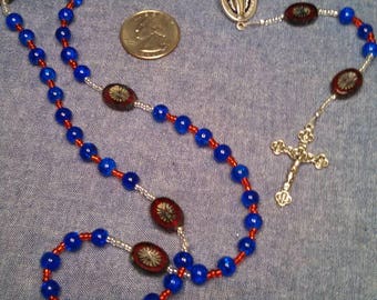 Red and blue glass Miraculous Medal rosary