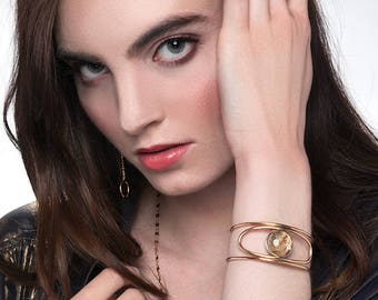 Third Eye Rutilated Quartz Cuff Bracelet, Gold Filled Stone Bracelet, Gold Gemstone Cuff, Open Cuff, Sterling Silver Cuff, Crystal Cuff