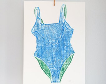 Bathing suit print, badpak, hand printed wall art, summer