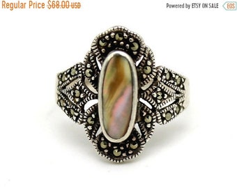 SALE Clearnce SALE Beautiful Art Deco Abalone Mother of Pearl Marcasite Sterling Silver Art Deco Vintage Ring