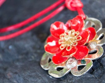 Handmade Repurpose Antique Vintage Red Enamel Flower Pendant & Cord Necklace Silver Gold Tones Satin Cord OOAK Refashion Eco Boho Statement