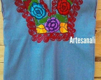 Mexican Embroidered Ligth Denim Blouse Size To Medium/
