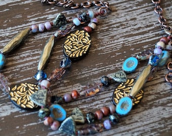 Unlisted - Boho Necklace - Beaded Knotted Necklace - Multi Strand Necklace - Blue and Purple - Rustic Necklace - Bead Soup Jewelry