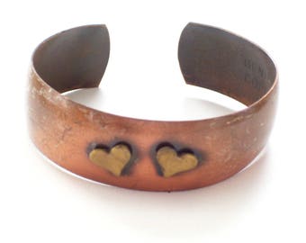 Vintage Copper Brass Heart Bracelet, Copper Heart Cuff, Mixed Metals Cuff Bracelet, Vintage Bracelet, Copper Jewelry, Genuine Copper Cuff