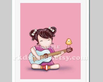 Baby nursery decor, girl room decor, baby girl nursery art print, music room, kids wall art, brown hair acoustic - Guitar Lesson 2