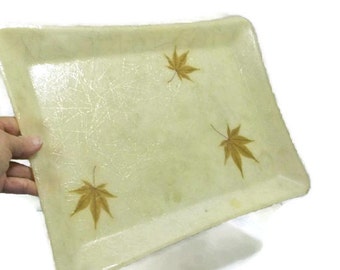 Fiberglass Serving Tray With Embedded Leaves And Sparkle Strands