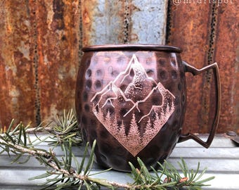 Copper Moscow Mule Mug / Diamond Mountain Design / 7 Year Anniversary / Outdoor Enthusiast Gift / Hand Etched / Personalize Gift / Mom Gift