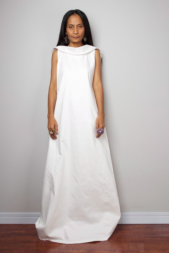 Denim Maxi Dress / Sleeveless White Dress with hood The