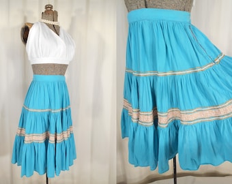 Vintage 1950s Skirt | Small Circle Skirt | 50s Rockabilly Teal Blue Patio Skirt