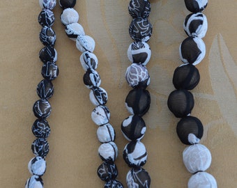 Black, White Fabric Beaded Long Necklace, Vintage, 45"